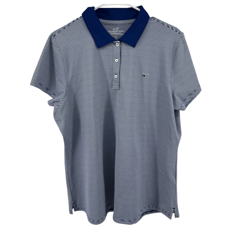 Vineyard Vines Performance Polo Shirt Womens XL Blue White Striped Short Sleeve